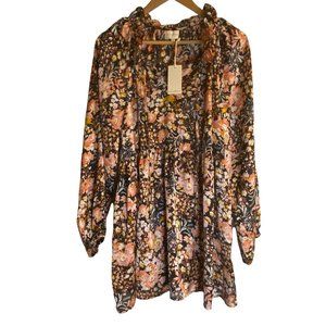 NWT Melloday Babydoll Dress Long Sleeve, Tie, Pink, Yellow Flowers XL Black Boho